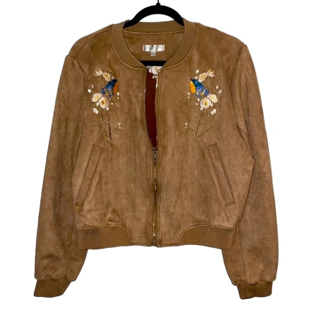 Anthropologie Solitaire Faux Suede Boho Embroidered Floral Bird Bomber Jacket L